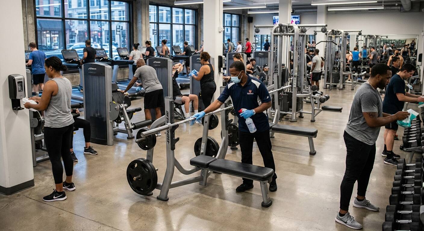 Detroit gym cleaning during peak hours with staff and members maintaining cleanliness